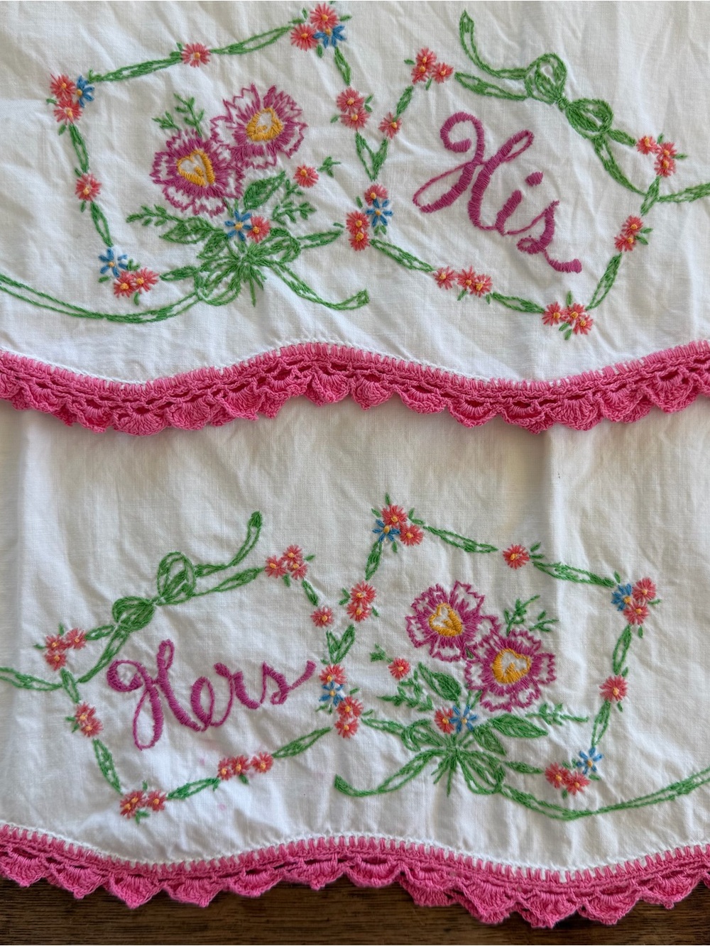 Vintage White Pillowcase Set with Pink Embroidery and Crochet Trim
